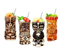 NUACOS Tiki - Taza-Tiki Tazas Set De 4-Vasos De CóCtel Tiki De CeráMica-Copas De Bar Tiki -Fiesta Hawaiana-Copas Tropicales Premium Para Fiestas ExóTica