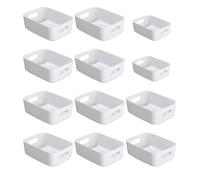 Nuangoo 12 Cajas Almacenaje Plastico,Organizador Cajones,Cestas Almacenaje,Cajas Organizadoras de Plástico con Asas para Escritorio,Oficina,Cosmético,Baño,Juguetes (2 Tamaños) (Blanco)
