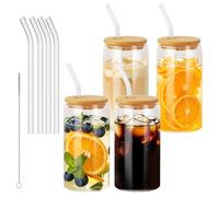 Nuangoo 4 Piezas 500 ml Taza de Té Burbuja con Tapa y Pajita, Vasos para Beber con Tapas de Bambú y Popotes,Vaso de Cristal para Batidos, Latte, Macchiato, Whisky