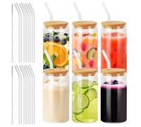 Nuangoo 6 Piezas 500 ml Taza de Té Burbuja con Tapa y Pajita, Vasos para Beber con Tapas de Bambú y Popotes,Vaso de Cristal para Batidos, Latte, Macchiato, Whisky