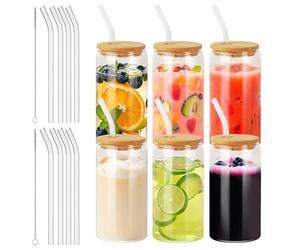 Nuangoo 6 Piezas 500 ml Taza de Té Burbuja con Tapa y Pajita, Vasos para Beber con Tapas de Bambú y Popotes,Vaso de Cristal para Batidos, Latte, Macchiato, Whisky