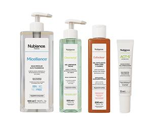 NUBIANCE - Tratamiento contra el acné, los puntos blancos y las espinillas - Pieles grasas o secas - Favorece el flujo de sebo - Agua micelar - Gel exfoliante para cara y cuerpo - Gel limpiador facial