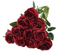 Nubry Flor de Rosa de Seda Artificial de un Solo Tallo de Rosa Falsa para el Ramo de Bodas Arreglos Florales Decoración del Centro de Mesa para Fiestas en casa, 10pcs (Gradiente Rojo Oscuro)