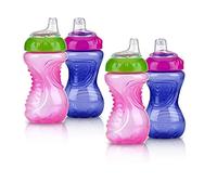 Nuby 4 vasos de entrenamiento antiderrames de fácil agarre, 10 onzas, rosa/morado