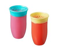 Nuby Botella de agua All Around - Taza para beber sin derrames, 300 ml, bebida desde cualquier ángulo, apta para lavavajillas, sin BPA, apto para 6 meses más (paquete de 2, rosa/naranja)