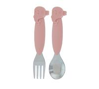 Nuby Animal Friends - Juego de tenedor y cuchara de silicona y acero inoxidable, más de 12 meses, ballena rosa