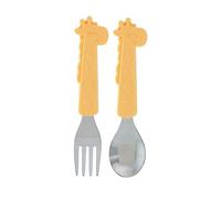 Nuby Animal Friends - Juego de tenedor y cuchara de silicona y acero inoxidable, más de 12 meses, jirafa amarilla