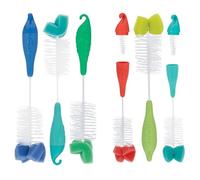 Nuby Cepillo para biberón y pezón con cerdas y punta de esponja | Paquete de 3: aguamarina, azul, lima o aguamarina, coral, lima | Mango colgante con gancho para secar