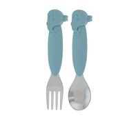 Nuby Juego de tenedor y cuchara de silicona y acero inoxidable, ballena azul