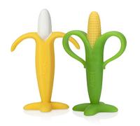 Nuby Mordedor de Silicona para Bebé Plátano y Maíz, Pack de 2, +3 Meses | Mordedor de silicona con múltiples superficies texturizadas, favorece la motricidad oral y alivia molestias de encías