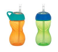 Nuby No-Spill Clik-it Flexi - Pajita flexible de 10 onzas, diseño a prueba de fugas y fácil agarre con mosquetón para hidratación sobre la marcha, paquete de 2, 6+M, colores neutros