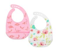 Nuby Paquete de 2 baberos ajustables de silicona suave fácil de limpiar con cuchara, dinosaurios rosas y flores