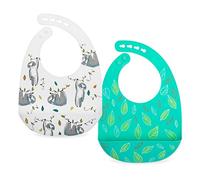 Nuby Paquete de 2 baberos ajustables de silicona suave fácil de limpiar con cuchara, hojas y perezoso