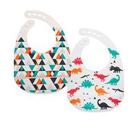 Nuby Paquete de 2 baberos ajustables de silicona suave fácil de limpiar con cuchara, triángulos y dinosaurios