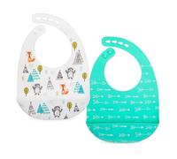 Nuby Paquete de 2 baberos ajustables de silicona suave fácil de limpiar con pala, flechas y osos/zorros