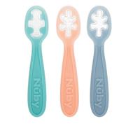 Nuby Set Cucharas Silicona Bebé para Alimentación, Pack 3, +6 Meses, Pastel | Primer set cucharas bebé, diseño fácil agarre fomenta coordinación y suave con encías para alimentación complementaria