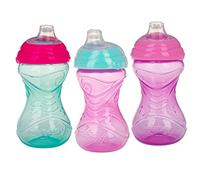 Nuby Taza de 3 piezas sin derrames de fácil agarre con boquilla flexible suave, función de bloqueo Clik It, niña, 10 onzas