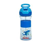 Nuby Thirsty Kids - Botella de agua con botón abatible y boquilla suave para llevar con banda de fácil agarre, tiburones azules, 12 onzas