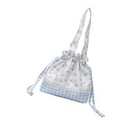 Nucelit Bolso de mano de nailon con asa superior con delicado ribete de encaje y cierre de cordón para mujer, bolsa de playa a cuadros, Blue