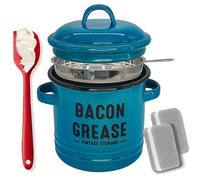 Nucelit Tarro de grasa de tocino esmaltado de cocina con colador y espátula de silicona para almacenamiento de aceite de cocina, recipiente de grasa para recetas, tocineta, recipiente de grasa con