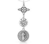 NUDO DE BRUJA Y TETRAGRÁMATON Collar Doble Protección colgante Triple medalla de San Benito, Plata de Ley 925 Rodiada, Cadena de 45 cm (Triple Protección Grande Acabado Envejecido)