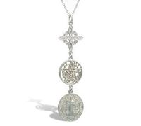 NUDO DE BRUJA Y TETRAGRÁMATON Collar Doble Protección colgante Triple medalla de San Benito, Plata de Ley 925 Rodiada, Cadena de 45 cm (Triple Protección Blanca Envejecido)