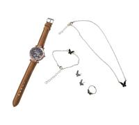 [NUEAYMS] 6 Unidades/Set Reloj de Lujo Mujeres Anillo Collar Pendientes Mariposa Correa de Cuero Reloj Mujeres Reloj de Moda y Pendientes, フリーサイズ, Como se describe en la descripción, Sin piedras