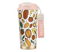 Nueces y semillas estilo doodle,Taza de café de acero inoxidable 316 con cordón, vaso térmico de viaje para coche, 500 ml
