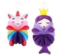 Nuenen 2 Pcs Bath Loofahs Kids Toddler Cute Cartoon Bath Sponges Loofah Pouf Body Scrubber Mesh Sponges for Children Shower Washing Exfoliating(Unicorn, Princess)