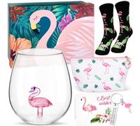 Nuenen Set 6 Regalos de Flamenco para Mujer: Copa de Cóctel de Ginebra sin Tallo con Flamenco 3D, Bolsa de Maquillaje, Calcetines, Llavero, Tarjeta de Felicitación y Caja de Regalo