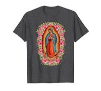 Nuestra Señora de Guadalupe Virgen María Estilo Floral Camiseta, Hombre, Jaspeado Oscuro, 5XL