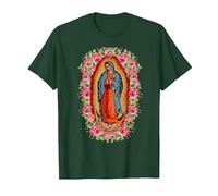 Nuestra Señora de Guadalupe Virgen María Estilo Floral Camiseta, Hombre, Verde Bosque, XXL