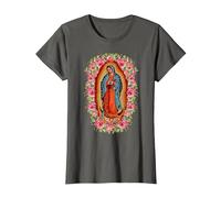 Nuestra Señora de Guadalupe Virgen María Estilo Floral Camiseta, Mujer, Asfalto, M