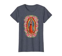 Nuestra Señora de Guadalupe Virgen María Estilo Floral Camiseta, Mujer, Azul Jaspeado, XS