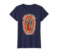Nuestra Señora de Guadalupe Virgen María Estilo Floral Camiseta, Mujer, Azul Marino, 3XL