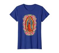 Nuestra Señora de Guadalupe Virgen María Estilo Floral Camiseta, Mujer, Azul Real, XL