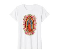 Nuestra Señora de Guadalupe Virgen María Estilo Floral Camiseta, Mujer, Blanco, XS