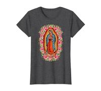 Nuestra Señora de Guadalupe Virgen María Estilo Floral Camiseta, Mujer, Jaspeado Oscuro, XS