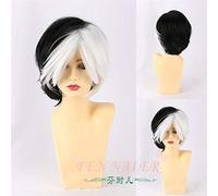Nueva Cruella Deville Blanco Negro Mixto Corto Shaggy Capa Sintética Cosplay Peluca para Mujeres Fiesta Halloween + Peluca Gorra