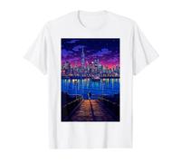 Nueva York City View Synthwave Retro Pixel Art Camiseta gráfica económica, Hombre, Blanco, XL