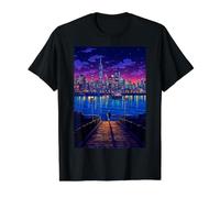 Nueva York City View Synthwave Retro Pixel Art Camiseta gráfica económica, Hombre, Negro, S