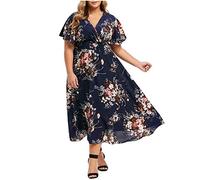 Nuevo 2021 Vestido Largo para Mujer - Tallas Grandes Elegante de Fiesta con Cuello en V, Manga Corta de Noche para Otoño Verano, Casual Sexy con Flores