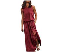 Nuevo 2021 Vestidos Largo para Mujer, Elegante Vestido Color sólido Moda Fiesta Vestidos sin Manga Casual Suelto Vestidos Cuello Redondo Basic Vestidos Largo Cómodo Playa Vestido de Noche Abertura