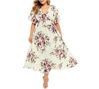 Nuevo 2021 Vestidos Largo para Mujer, Moda Tallas Grandes Fiesta Vestido Elegante Cuello en V Manga Corta Vestido de Noche otoño Verano Flores impresión Casual Vestidos Sexy Vestido