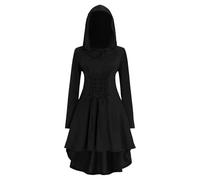 Nuevo 2025 Gothic Hoodie Damen Schwarz - Mittelalter Kleid Damen mit Kapuze Renaissance Vampire Kleidung Retro Kleider Vintage Cosplay Kostüm Halloween Karneval Party Outfit Hexkleid Partykleid
