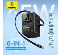 Baseus 70W GaN cargador adaptador de viaje Universal UE/REINO UNIDO/EE. UU./AUS Cable retráctil de 70W incorporado 2AC 2 USB-A tipo C carga rápida