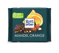 Nuevo diseño: RITTER SPORT almendra naranja 100 g, chocolate negro refinado con almendras y naranja, delicioso chocolate semiamargo con sabor a naranja afrutado