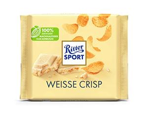 Nuevo diseño: RITTER SPORT Blanco Crisp 100 g chocolate blanco con toques de vainilla y grano refinado con copos de maíz y hojas de arroz, chocolate de mesa blanco para fans de Knusper