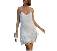 Nuevo Minivestido Sexy con borlas y Lentejuelas y Plumas para Mujer, Vestido con Tirantes Finos y Costuras, Vestido Blanco LYQ63-M