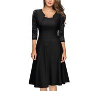 Nuevo Vestido de Fiesta de otoño para Mujer, Vestidos Formales de Encaje Floral con Manga 3/4 de Color sólido para Invitados de Boda, Elegante-Negro-S